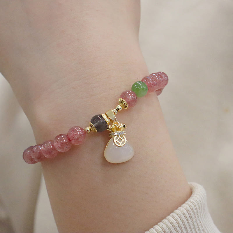 Wear FengShui Natural Strawberry Quartz Jade Peace Buckle Coin Purse Healing Bracelet
