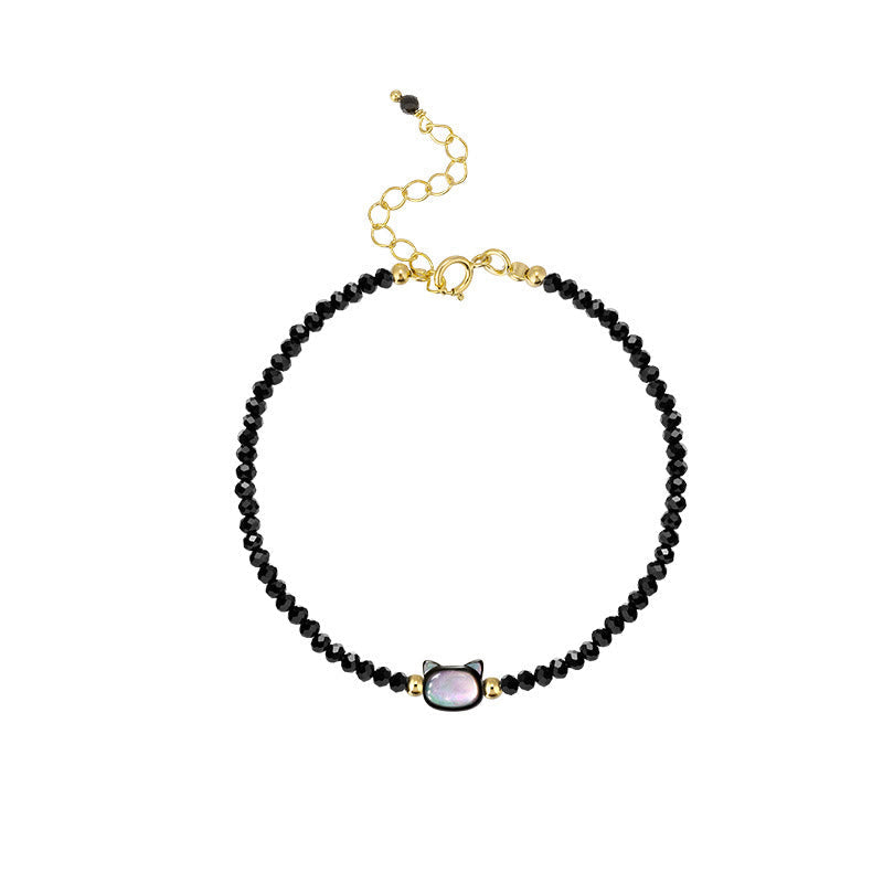 Wear FengShui 14K Gold Plated Black Spinel White Crystal Cute Cat Tridacna Stone Healing Bracelet