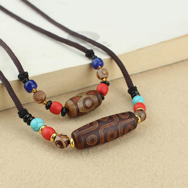 Wear FengShui Tibetan Nine-Eye Dzi Bead Three-eyed Dzi Bead Protection String Necklaces Pendant