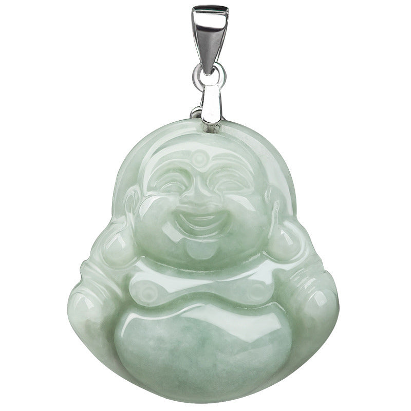 Wear FengShui Laughing Buddha Jade Blessing Titanium Steel Chain Necklace Pendant