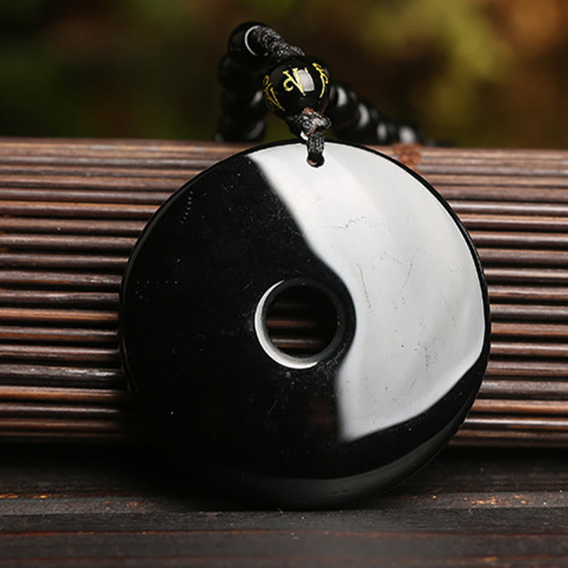 Wear FengShui Natural Black Obsidian Peace Buckle Pixiu Bead Rope Strength Necklace Pendant