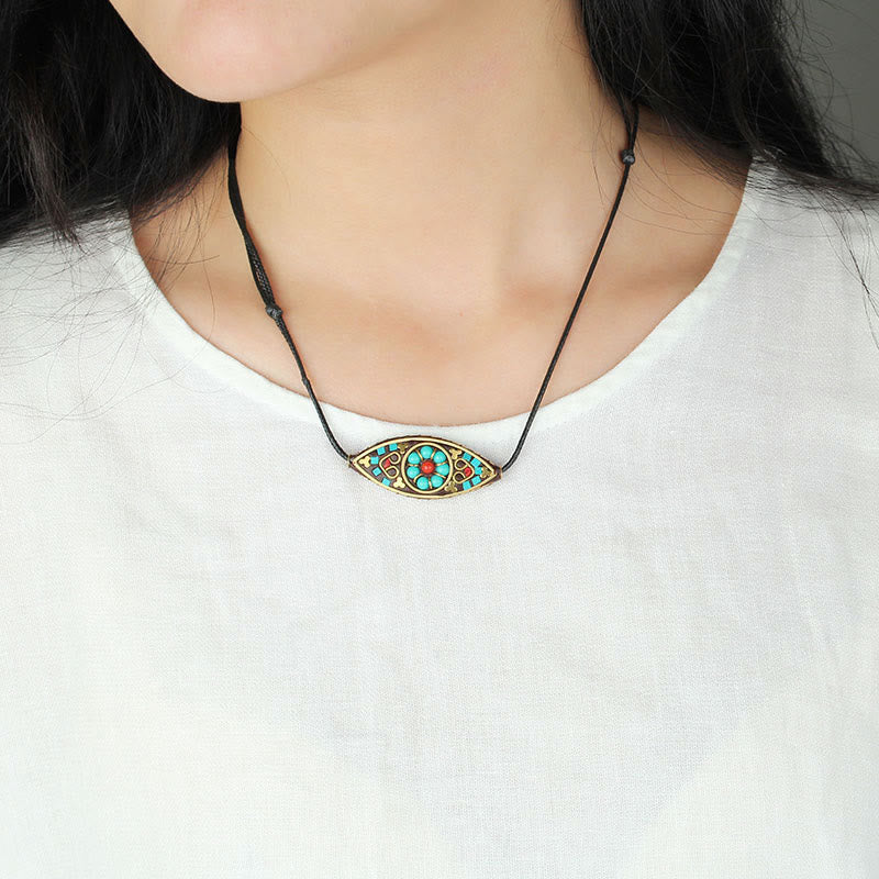 Wear FengShui Tibet Turquoise Bead Marquise Pattern Protection Strength Necklace Pendant