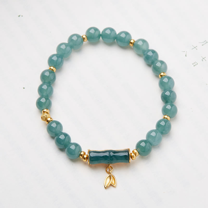 Wear FengShui 925 Sterling Silver Plated Gold Natural Green Jade Bamboo Charm Luck Bracelet