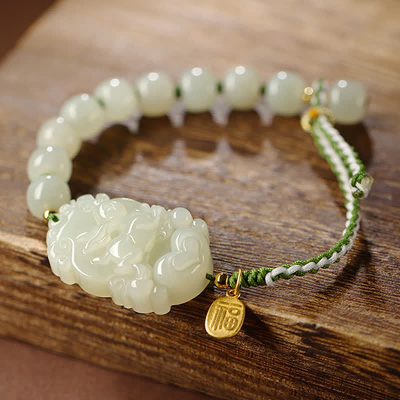 Wear FengShui 925 Sterling Silver Chinese Zodiac Hetian Jade Happiness Luck String Bracelet