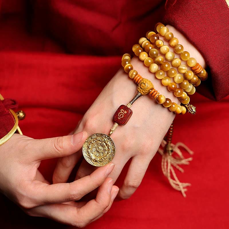 Wear FengShui 108 Mala Beads Natural Tiger Eye Copper Dorje Protection Tassel Bracelet