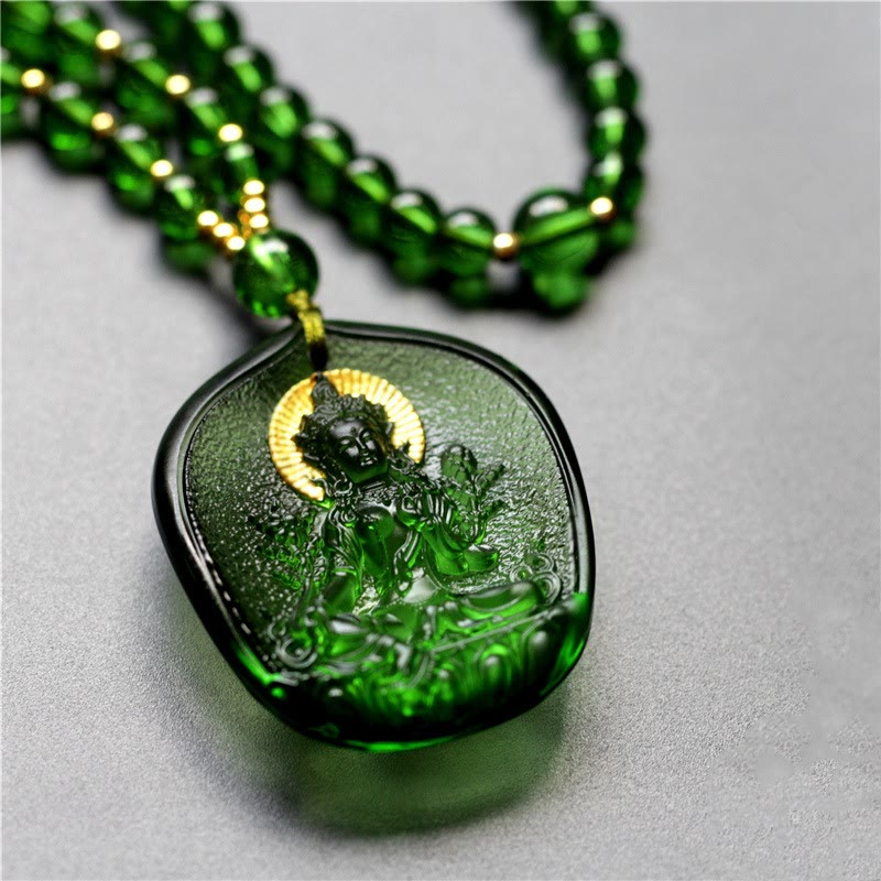 Wear FengShui Tibetan Green Tara Buddha Gold Plated Liuli Crystal Protection Necklace Pendant