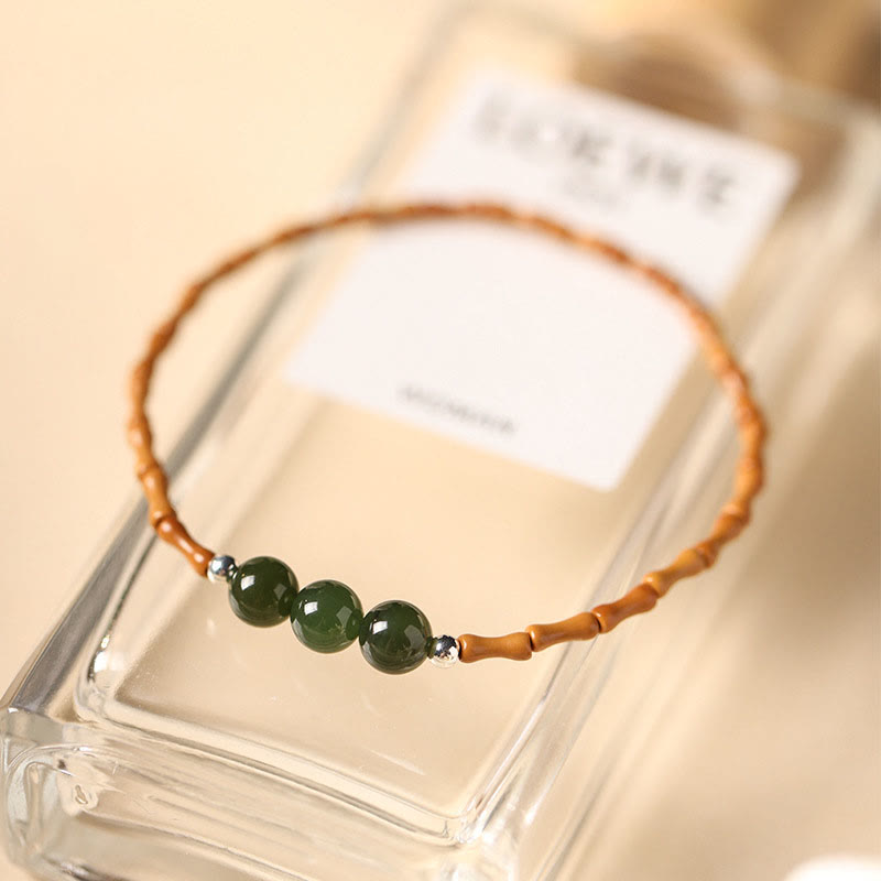 Wear FengShui Natural Olive Pit Bamboo Pattern Hetian Jade Beads Luck Bracelet