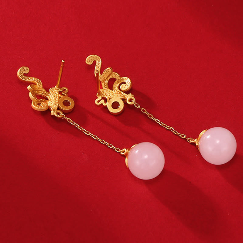 Wear FengShui Vintage White Jade Red Agate Bead Blessing Drop Dangle Earrings