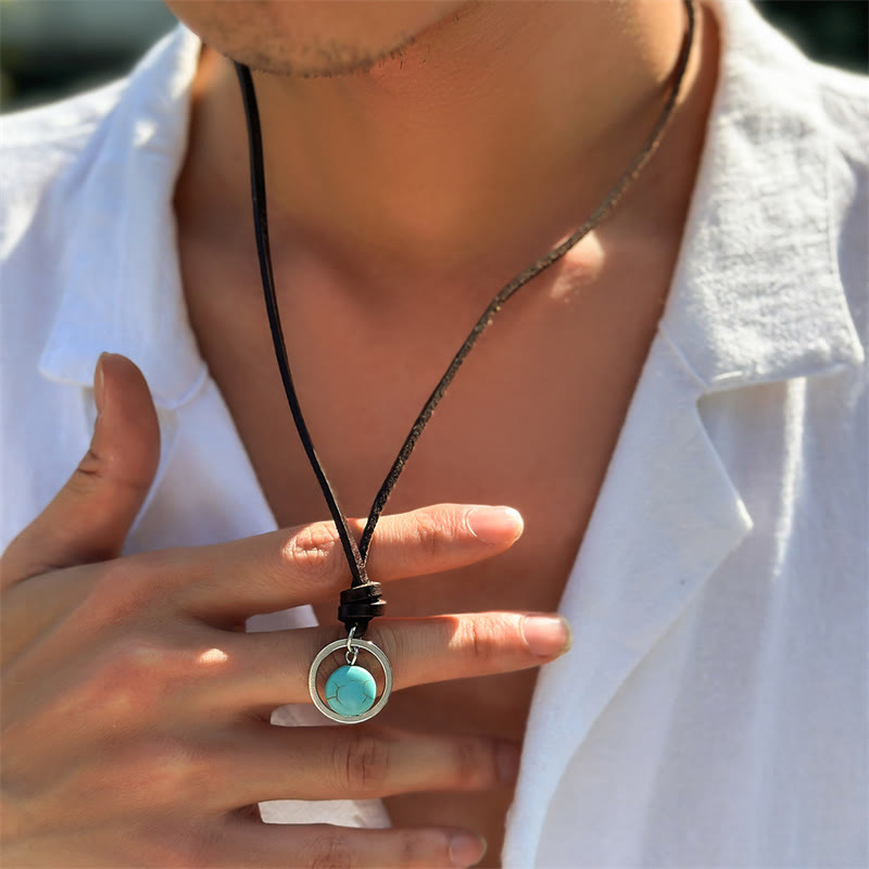 Wear FengShui Round Turquoise Stone Protection Strength Necklace Pendant