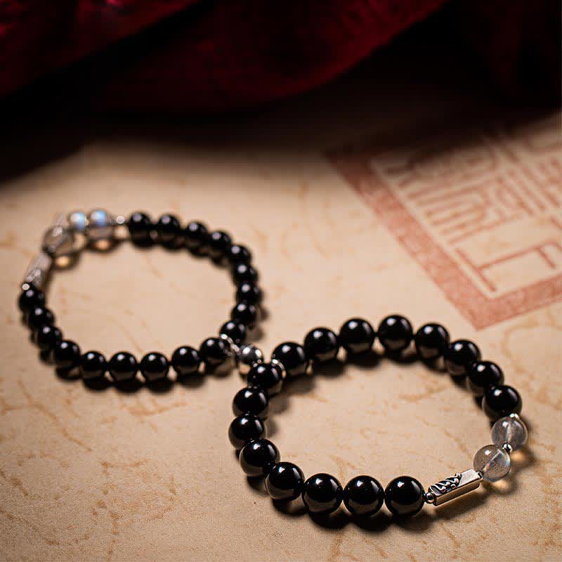 Wear FengShui 925 Sterling Silver Obsidian Moonstone Strength Couple Bracelet