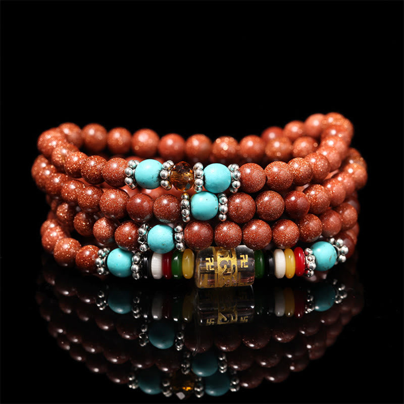 Wear FengShui 108 Mala Beads Goldstone Om Mani Padme Hum Swastika Confidence Bracelet