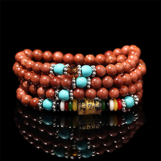 Wear FengShui 108 Mala Beads Goldstone Om Mani Padme Hum Swastika Confidence Bracelet