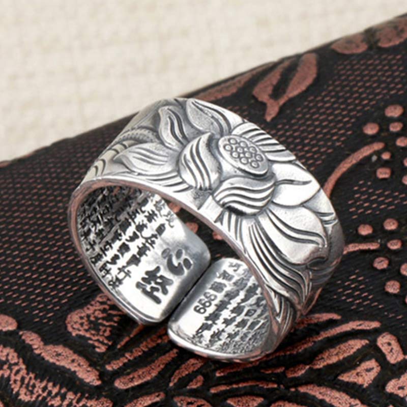 Wear FengShui 999 Sterling Silver Lotus Symbol Heart Sutra Protection Ring