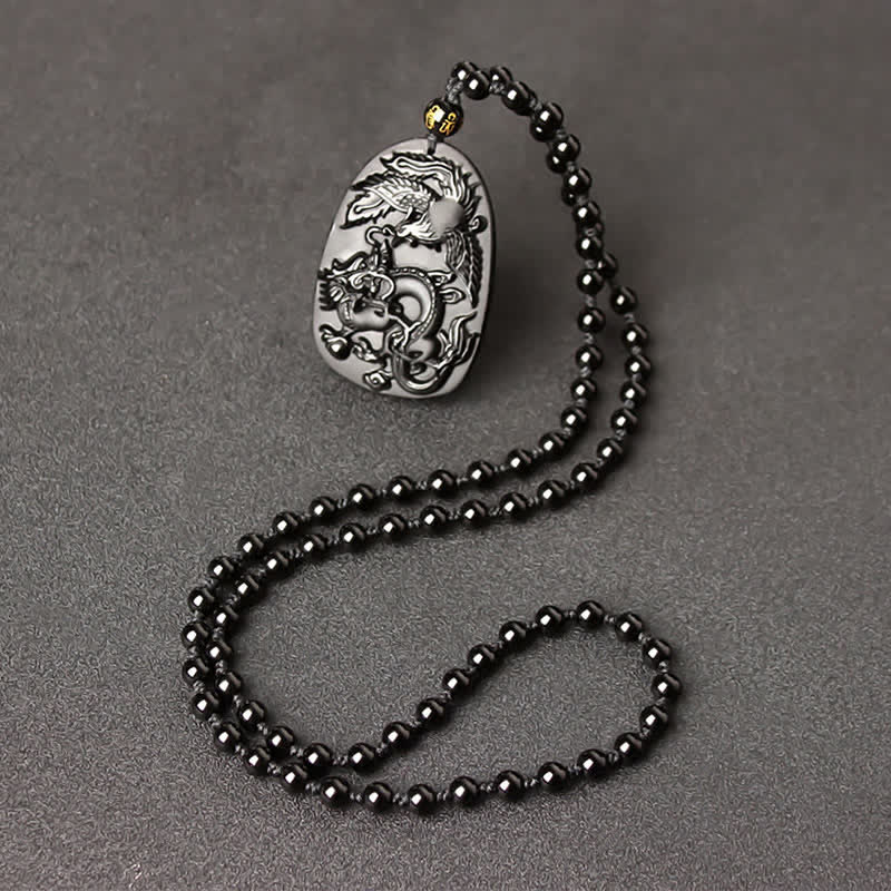Wear FengShui Black Obsidian Tiger Eye Dragon Phoenix Protection Beaded Necklace Pendant