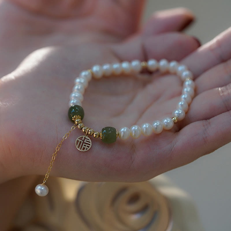 Wear FengShui Natural Pearl Hetian Jade Happiness Wisdom Bead Bracelet