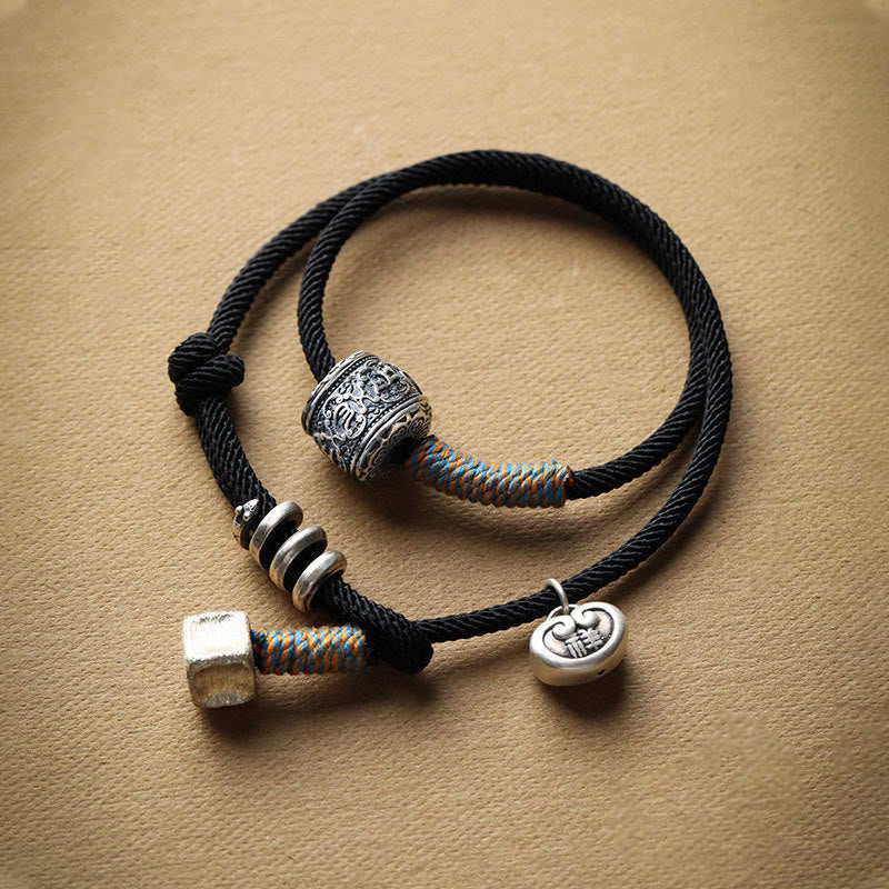 Wear FengShui Handmade Tibetan Om Mani Padme Hum Carved Auspicious Amulet Double Wrap Rope Bracelet