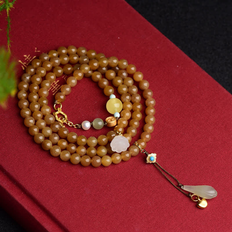 Wear FengShui Natural Hetian Topaz Amber Lotus White Jade Pearl Success Bracelet