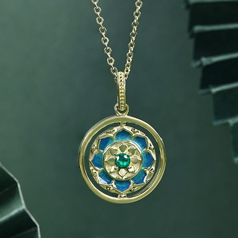 Wear FengShui 925 Sterling Silver Lotus Flower Floral Zircon Enlightenment Rotatable Necklace Pendant