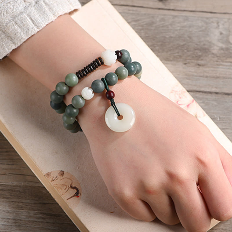 Wear FengShui Cyan Bodhi Seed Lotus Jade Peace Buckle Wisdom Double Wrap Bracelet