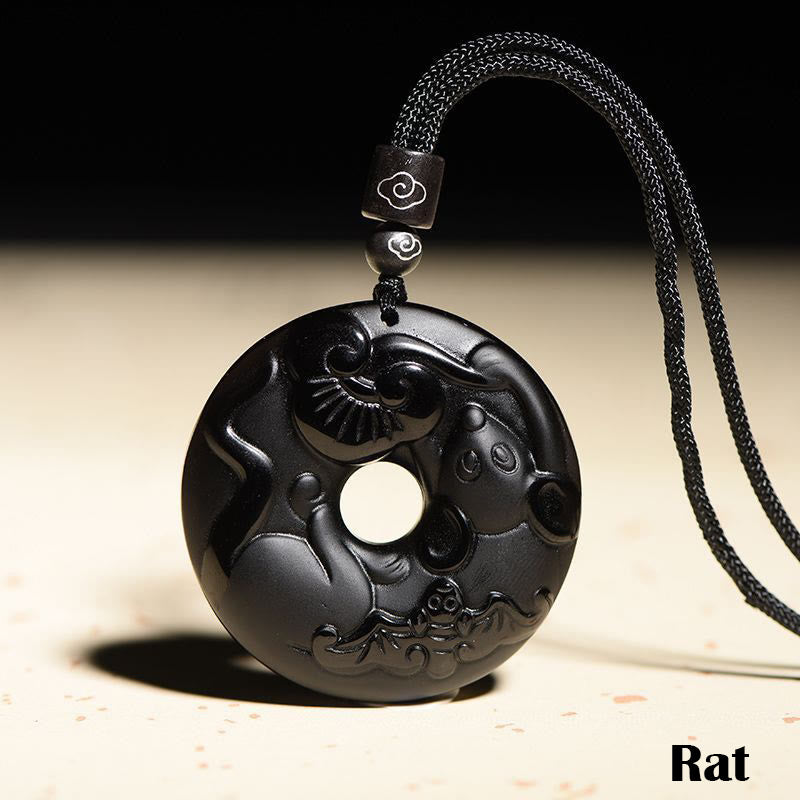 Wear FengShui Chinese Zodiac Natural Black Obsidian Peace Buckle Strength Necklace Pendant