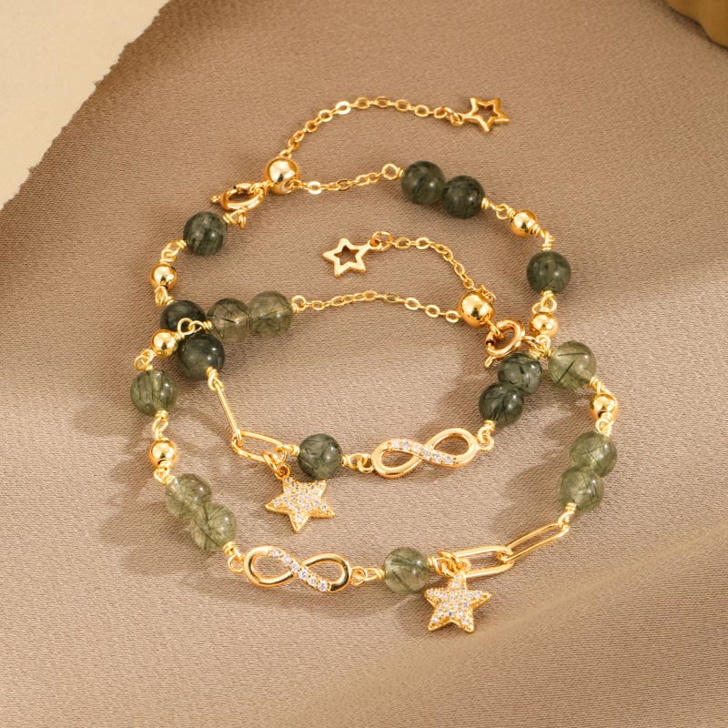 Wear FengShui 14k Gold Plated Copper Green Rutilated Quartz Möbius Loop Eternal Love Star Protection Bracelet