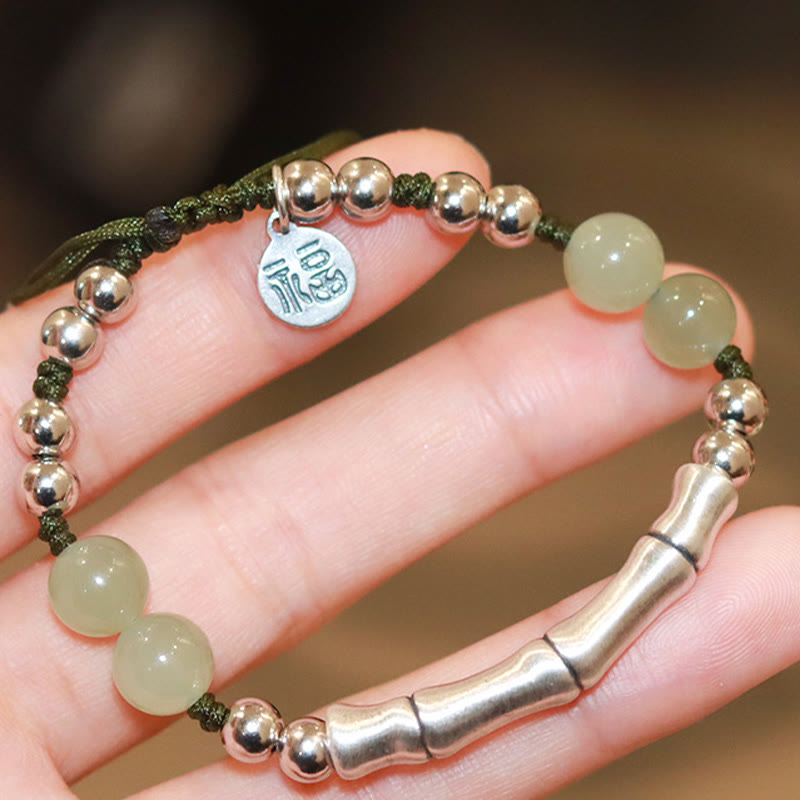 Wear FengShui 925 Sterling Silver Natural Jade Fu Character Bamboo Abundance Bracelet