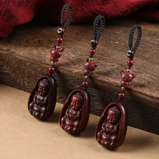 Wear FengShui Small Leaf Red Sandalwood Buddha Cinnabar Chinese Zodiac Amulet Protection Key Chain