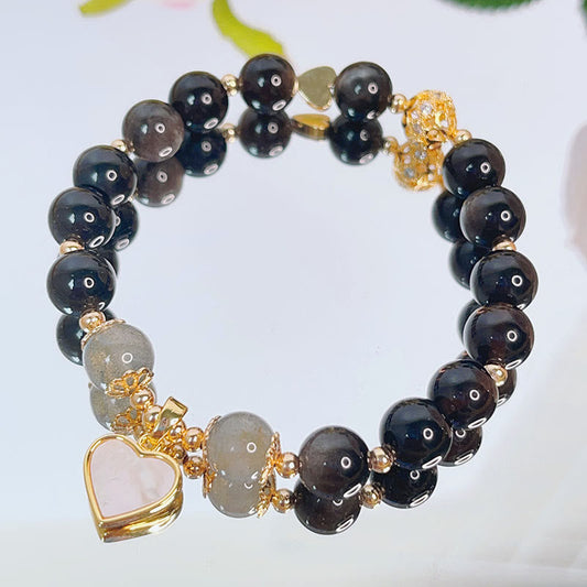 Wear FengShui Natural Silver Sheen Obsidian Love Heart Star Flower Protection Bracelet