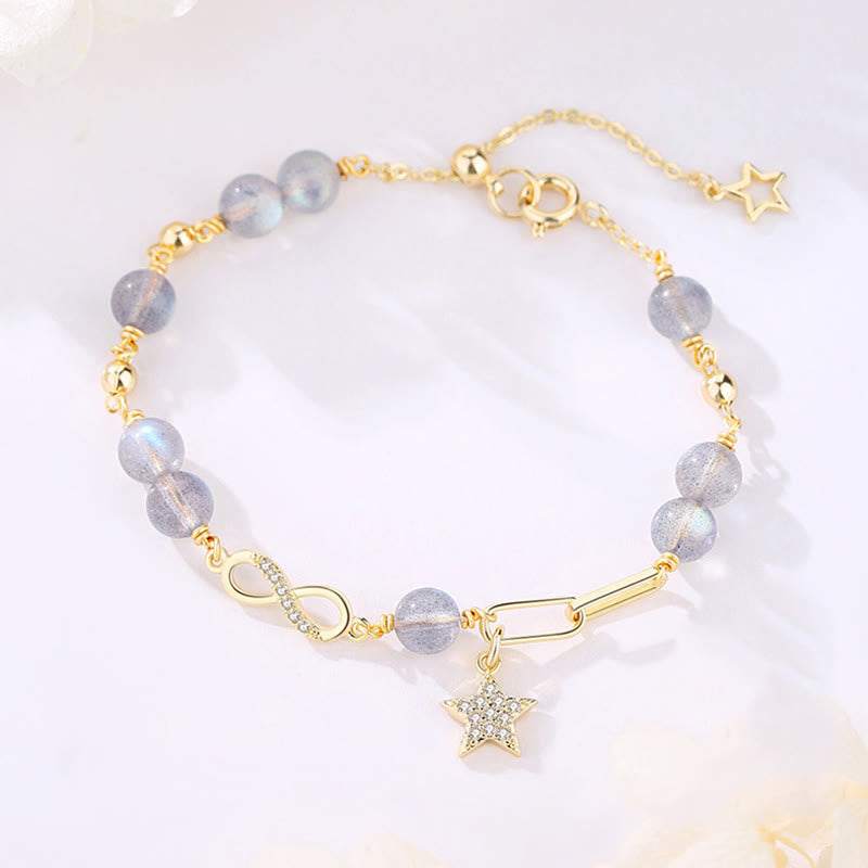 Wear FengShui 14K Gold Plated Natural Strawberry Quartz Moonstone Möbius Loop Eternal Love Star Positive Bracelet