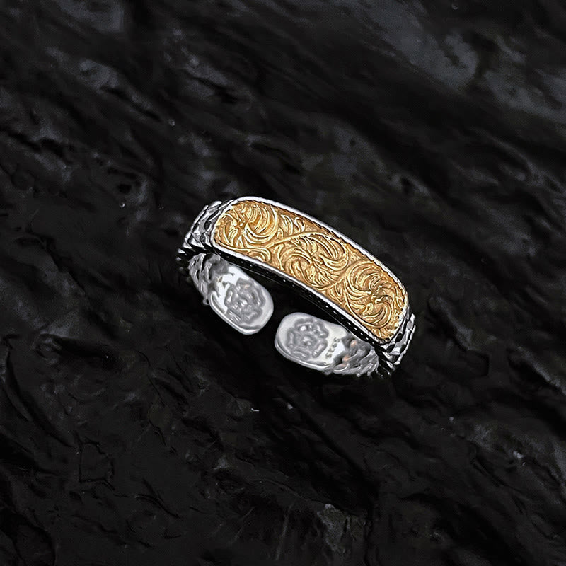 Wear FengShui Tang Dynasty Flower Design Engraved Copper Luck Cuff Bracelet Bangle Adjustable Ring