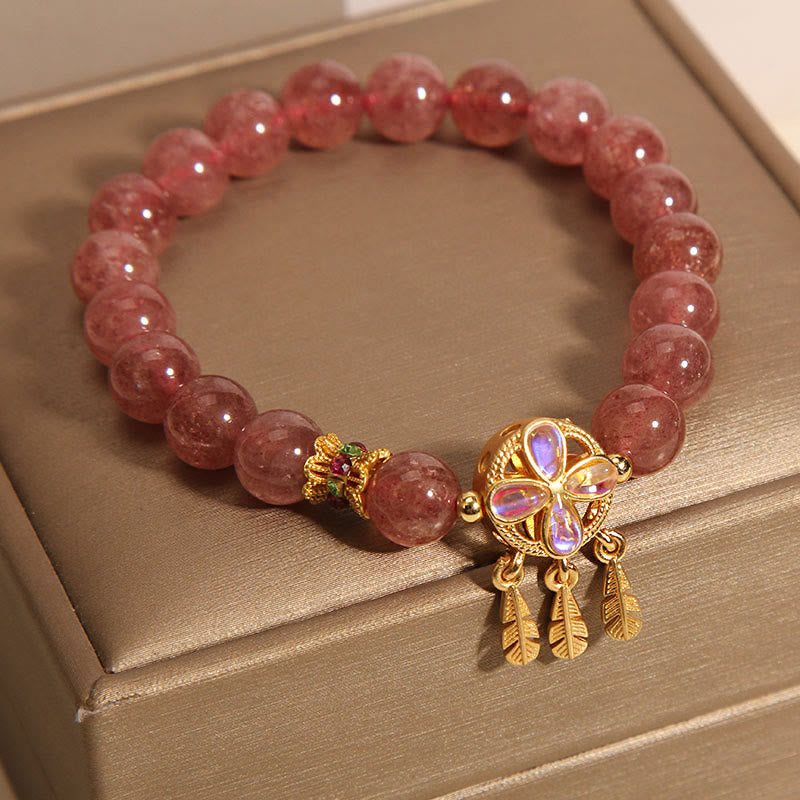 Wear FengShui Natural Strawberry Quartz Four Leaf Clover Dreamcatcher Charm Love Bracelet