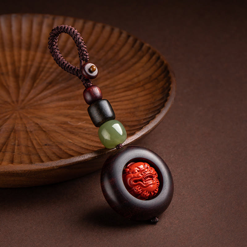 Wear FengShui Tibet Om Mani Padme Hum PiXiu Copper Coin Small Leaf Red Sandalwood Cinnabar Protection Key Chain