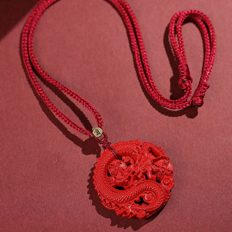 Wear FengShui Year of the Dragon 925 Sterling Silver Natural Cinnabar Copper Coin Luck Necklace Pendant