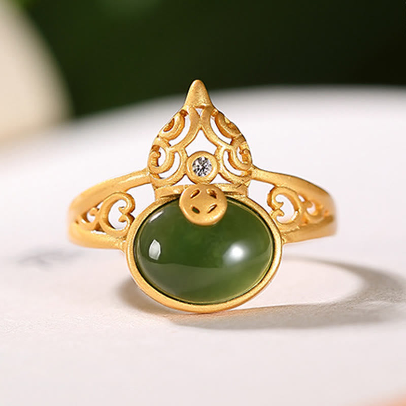 Wear FengShui Gourd Cyan Jade Copper Coin Success Luck Adjustable Ring