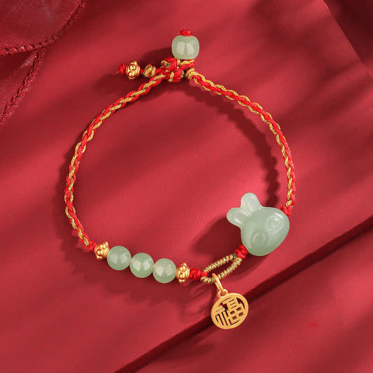 Wear FengShui 925 Sterling Silver Year of the Rabbit Hetian Jade Happiness Luck Red String Bracelet