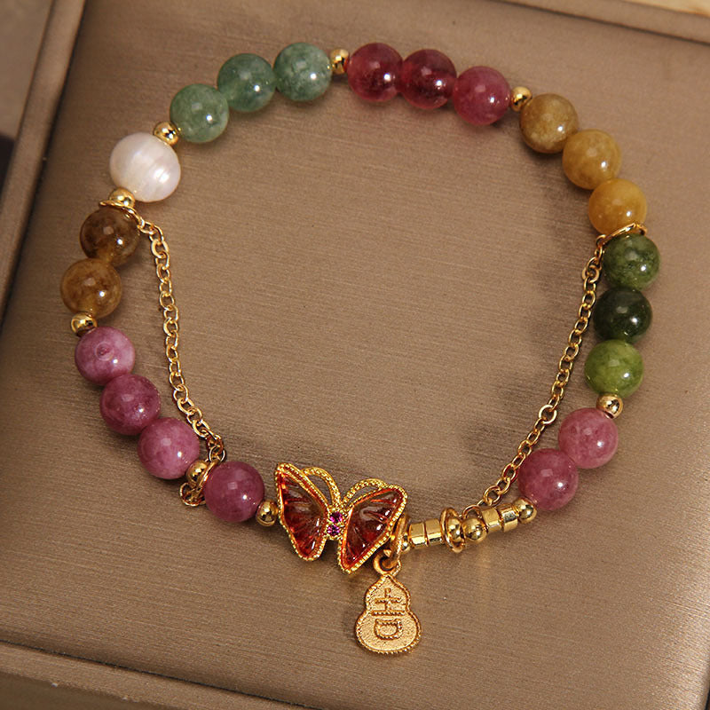 Wear FengShui Natural Colorful Tourmaline Butterfly Auspicious Character Gourd Charm Positive Bracelet