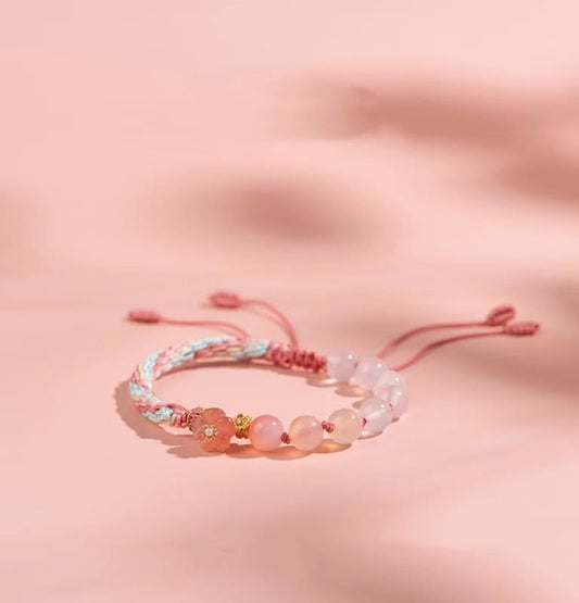 Wear FengShui Natural Gradient Agate Reincarnation Knot Peach Blossom Wealth Luck Handmade String Bracelet
