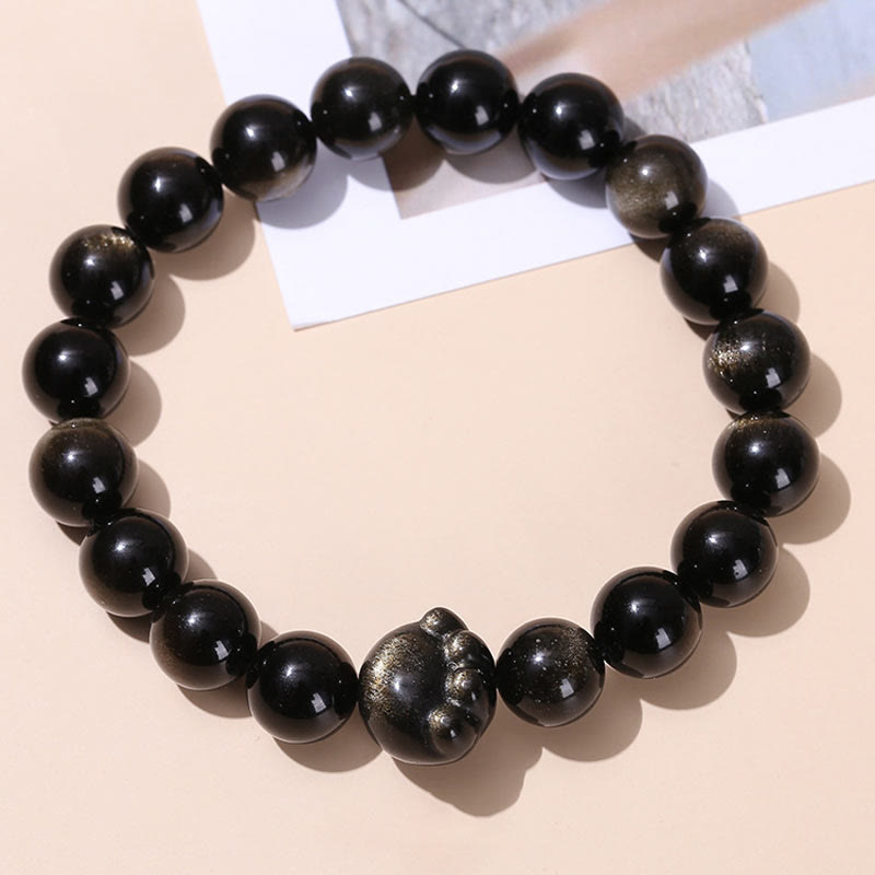 Wear FengShui Natural Gold Sheen Obsidian Silver Sheen Obsidian Cute Cat Paw Claw Wealth Bracelet