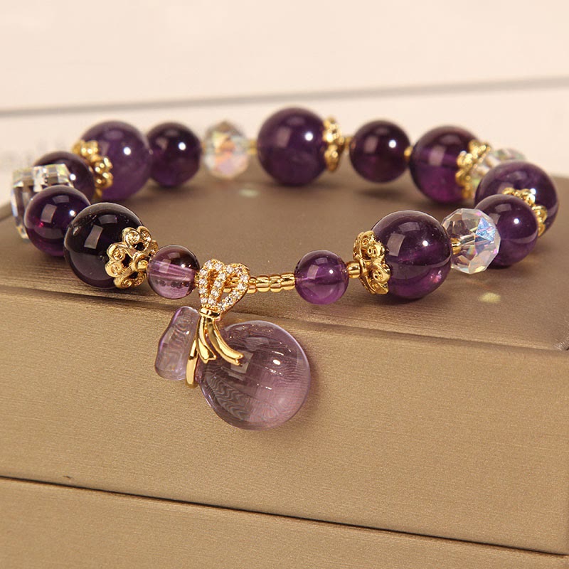 Wear FengShui Natural Amethyst Crystal Money Bag Charm Positive Bracelet