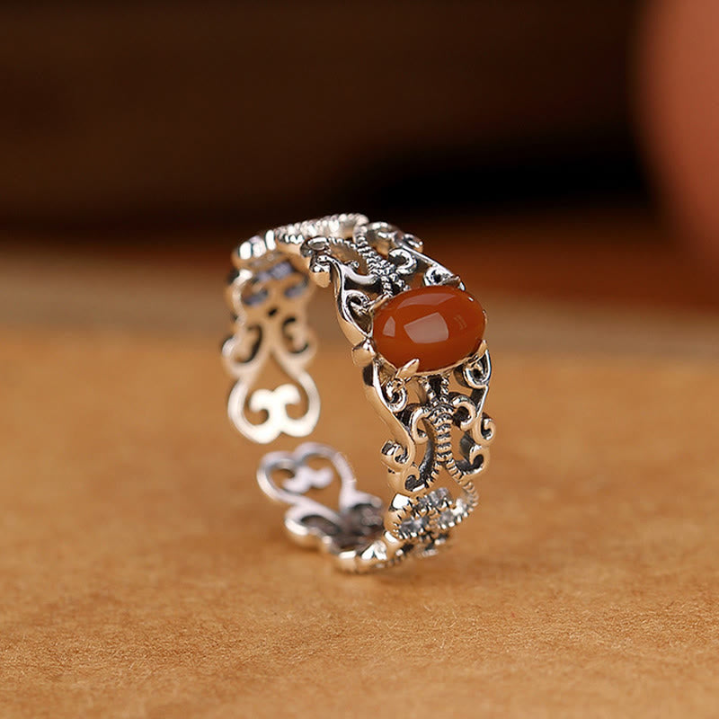 Wear FengShui 925 Sterling Silver Vintage Red Agate Self-acceptance Calm Ring