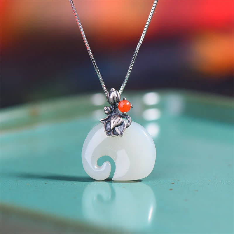 Wear FengShui White Jade Elephant Lotus Protection Necklace Pendant