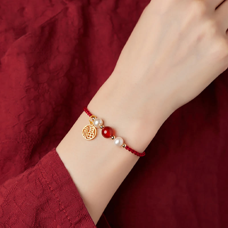 Wear FengShui 925 Sterling Silver Good Fortune Fu Character Agate Pearl Red String Braid Bracelet