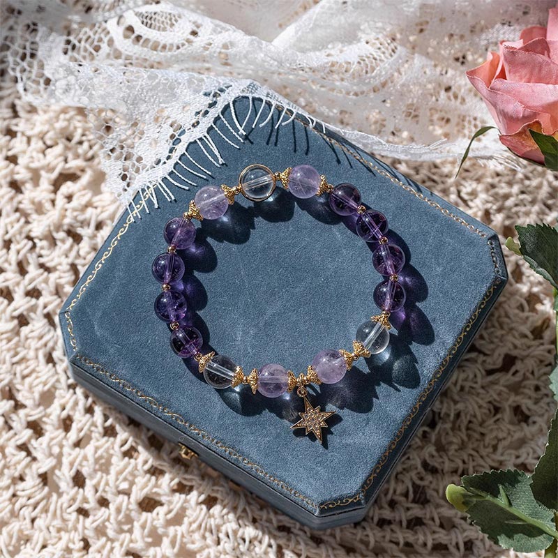 Wear FengShui Natural Amethyst Inner Peace Healing Star Charm Bracelet