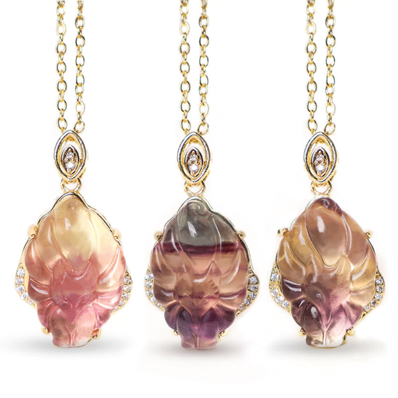 Wear FengShui Natural Colorful Fluorite Nine Tailed Fox Protection Necklace Pendant