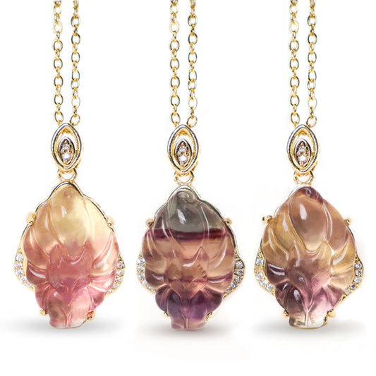 Wear FengShui Natural Colorful Fluorite Nine Tailed Fox Protection Necklace Pendant