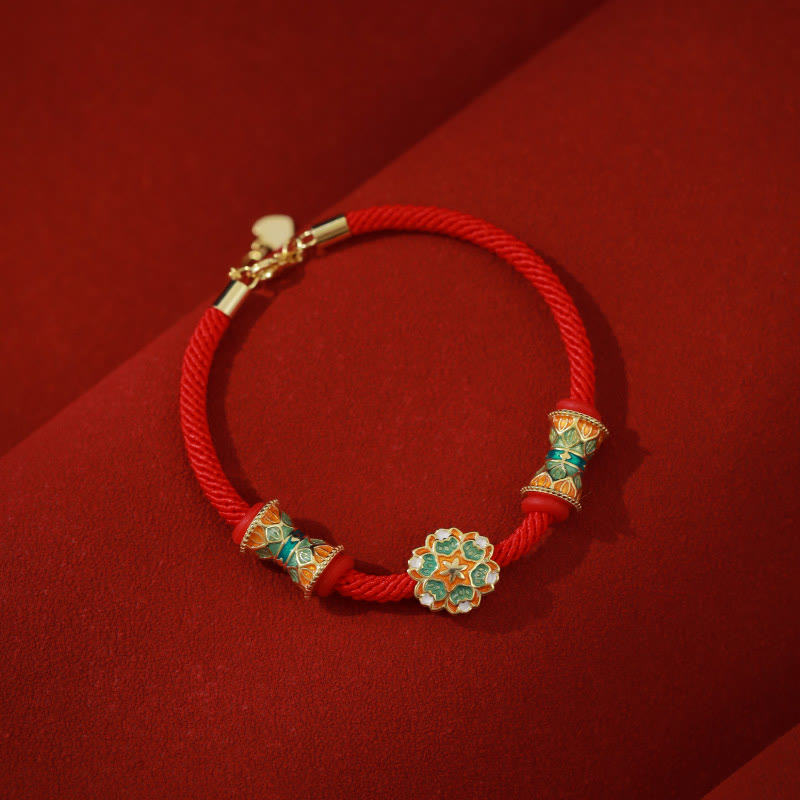 Wear FengShui Dunhuang 925 Sterling Silver Lotus Drum New Beginning Red Rope Bracelet