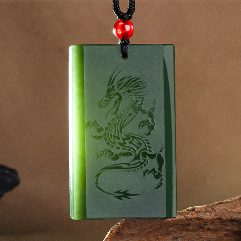Wear FengShui Hetian Cyan Jade Dragon Engraved Success Necklace Pendant