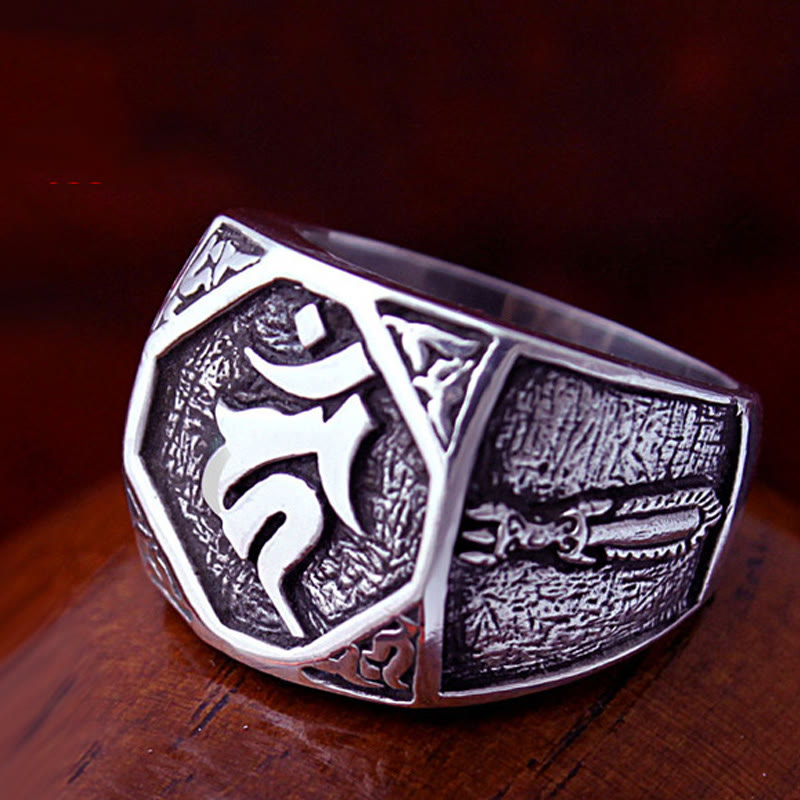 Wear FengShui 925 Sterling Silver Sanskrit Design Carved Protection Adjustable Ring