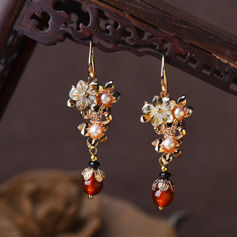 Wear FengShui 14K Gold Plated Tridacna Stone Flower Pearl Green Aventurine Bead Drop Earrings