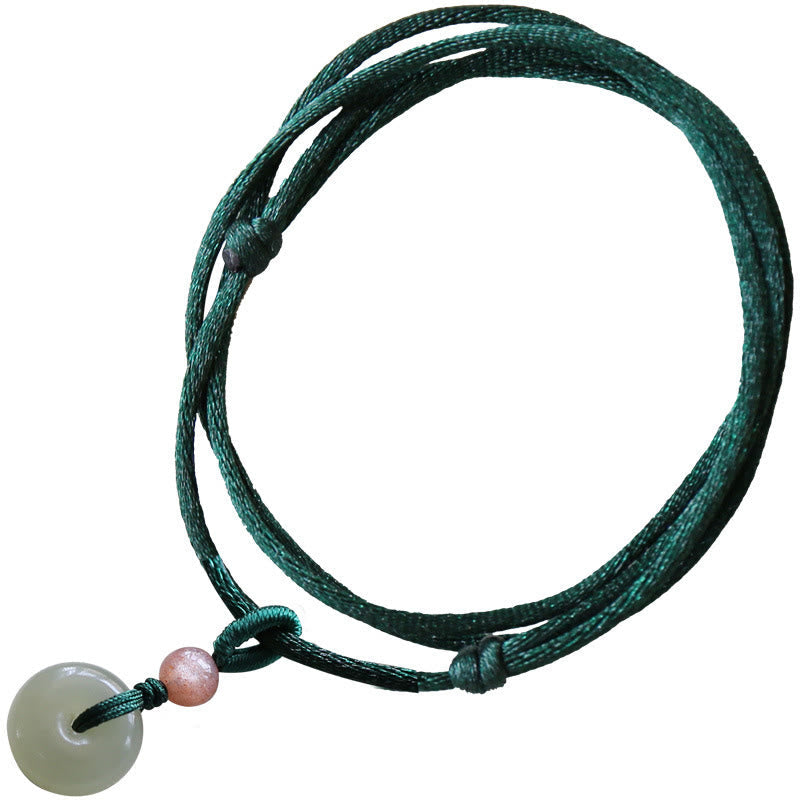 Wear FengShui Natural Round Jade Peace Buckle Lotus Abundance String Necklace Pendant